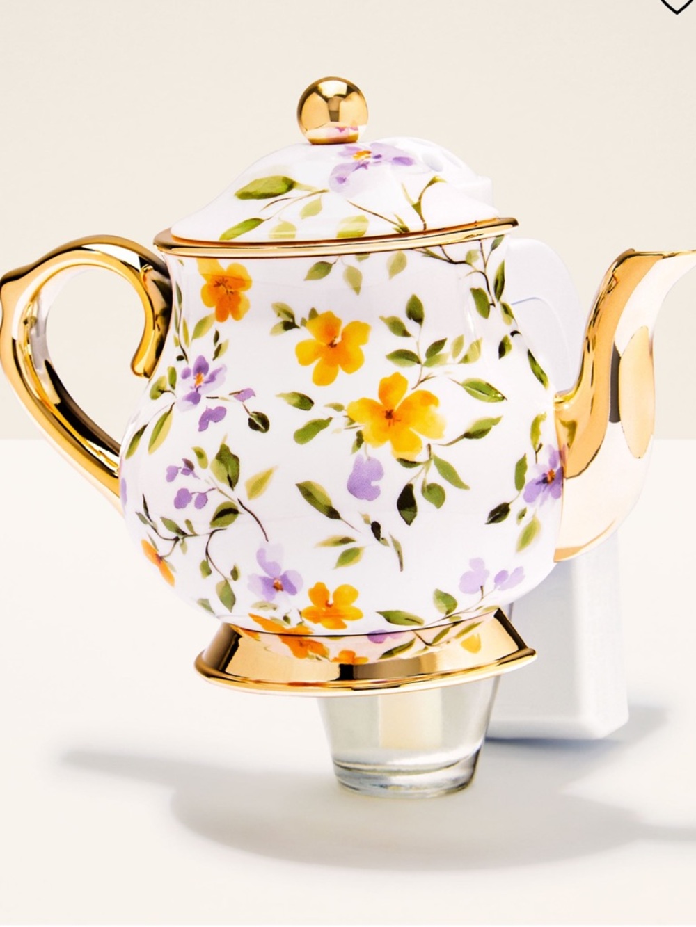 Bath & Body Works Gold-Accented Floral Teapot Scent Control Wallflowers Plugin